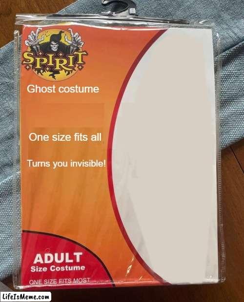Marketing now | Ghost costume; One size fits all; Turns you invisible! | image tagged in spirit halloween | made w/ Lifeismeme meme maker