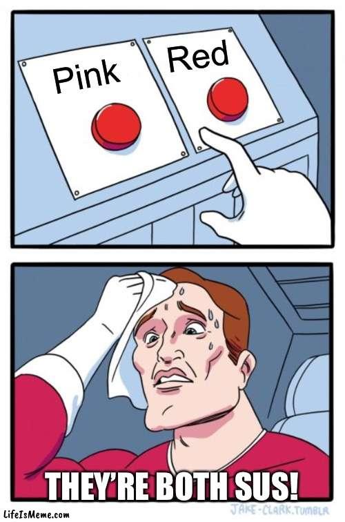 Among us voting be like: | Red; Pink; THEY’RE BOTH SUS! | image tagged in memes,two buttons | made w/ Lifeismeme meme maker
