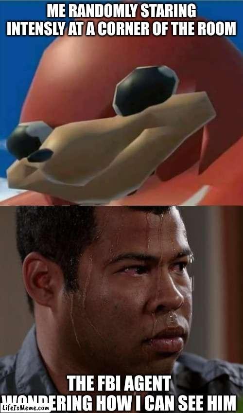iyfvl | ME RANDOMLY STARING INTENSLY AT A CORNER OF THE ROOM; THE FBI AGENT WONDERING HOW I CAN SEE HIM | image tagged in ugandan knuckles,sweating bullets | made w/ Lifeismeme meme maker