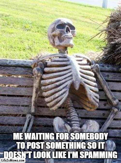 fandom irl | ME WAITING FOR SOMEBODY TO POST SOMETHING SO IT DOESN'T LOOK LIKE I'M SPAMMING | image tagged in memes,waiting skeleton | made w/ Lifeismeme meme maker