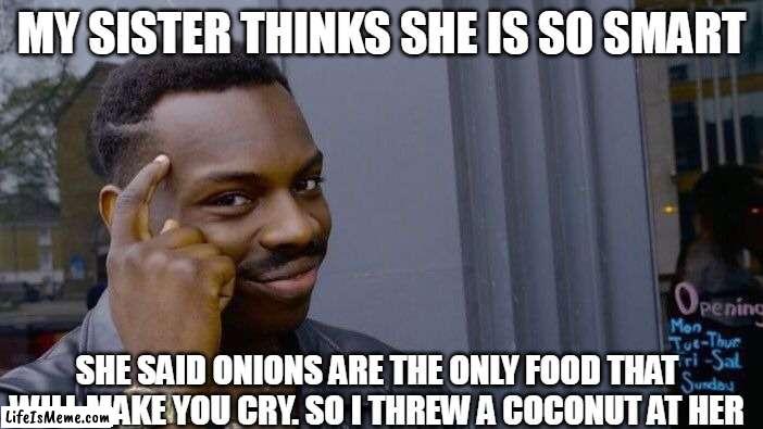 My sister thinks she is so smart | MY SISTER THINKS SHE IS SO SMART; SHE SAID ONIONS ARE THE ONLY FOOD THAT WILL MAKE YOU CRY. SO I THREW A COCONUT AT HER | image tagged in memes,roll safe think about it,sister,funny,coconut,onion | made w/ Lifeismeme meme maker