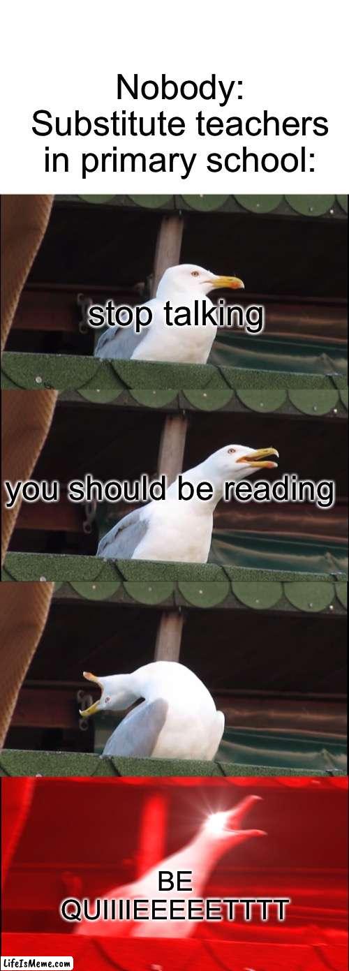 this happened to me a few times in primary school, glad i’m now in secondary | Nobody:
Substitute teachers in primary school:; stop talking; you should be reading; BE QUIIIIEEEEETTTT | image tagged in memes,inhaling seagull | made w/ Lifeismeme meme maker