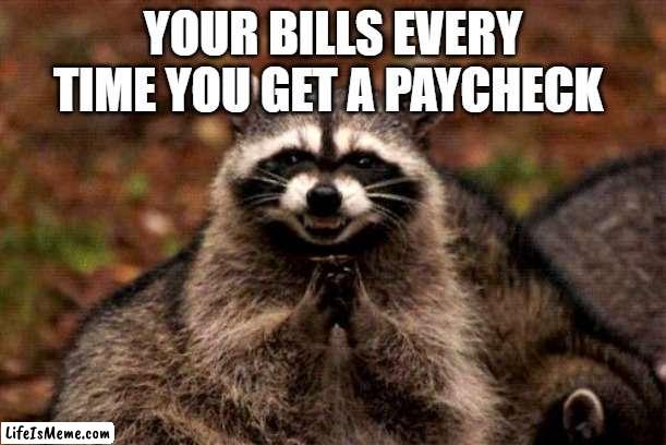 Well it's true. | YOUR BILLS EVERY TIME YOU GET A PAYCHECK | image tagged in memes,evil plotting raccoon,adulting,bills,paycheck,funny memes | made w/ Lifeismeme meme maker