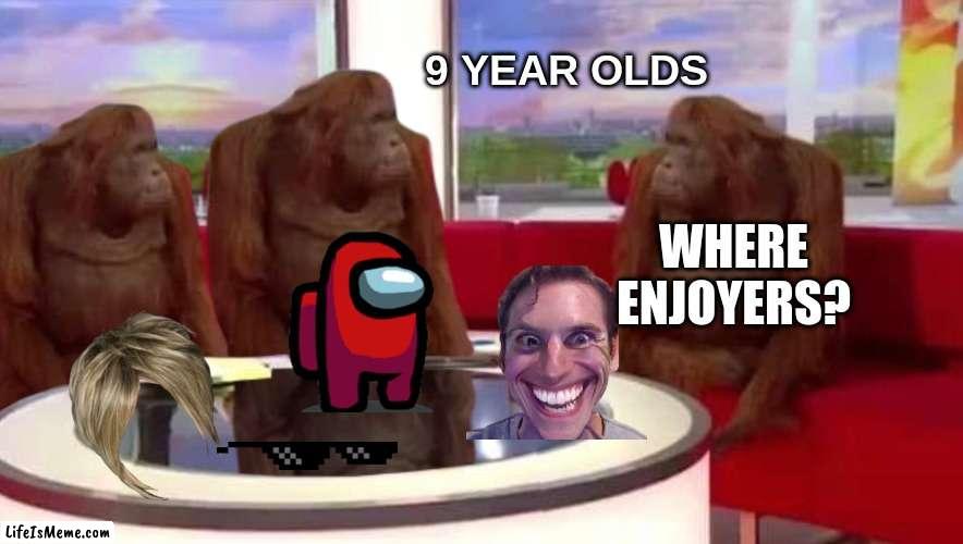 every 9 year old ever | 9 YEAR OLDS; WHERE ENJOYERS? | image tagged in where monkey,stupid | made w/ Lifeismeme meme maker