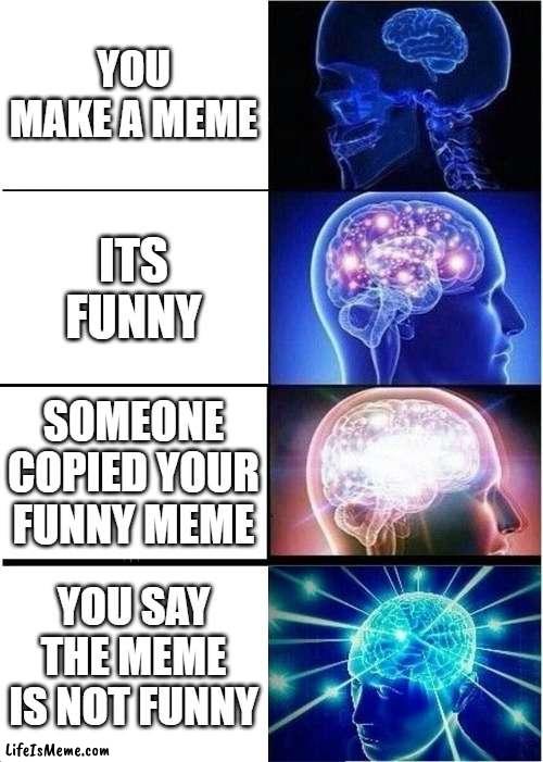 LOL LOL LOL LOL LOL LOL | YOU MAKE A MEME; ITS FUNNY; SOMEONE COPIED YOUR FUNNY MEME; YOU SAY THE MEME IS NOT FUNNY | image tagged in memes,expanding brain | made w/ Lifeismeme meme maker