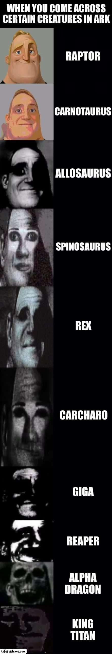 you come against | WHEN YOU COME ACROSS CERTAIN CREATURES IN ARK; RAPTOR; CARNOTAURUS; ALLOSAURUS; SPINOSAURUS; REX; CARCHARO; GIGA; REAPER; ALPHA DRAGON; KING TITAN | image tagged in mr incredible becoming uncanny,dinosaur,dinosaurs | made w/ Lifeismeme meme maker