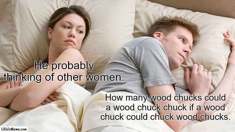 WOOD CHUCKS! | He probably thinking of other women. How many wood chucks could a wood chuck chuck if a wood chuck could chuck wood chucks. | image tagged in memes,i bet he's thinking about other women | made w/ Lifeismeme meme maker