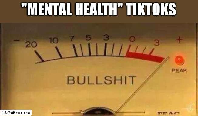 Watching mental health tiktok bullshit | "MENTAL HEALTH" TIKTOKS | image tagged in bullshit meter,anti-tiktok,tiktok,mental health,dafuq,misinformation | made w/ Lifeismeme meme maker