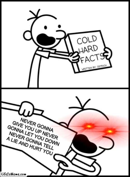 wtf did i just make XD | NEVER GONNA GIVE YOU UP NEVER GONNA LET YOU DOWN NEVER GONNA TELL A LIE AND HURT YOU | image tagged in greg heffley cold hard facts | made w/ Lifeismeme meme maker
