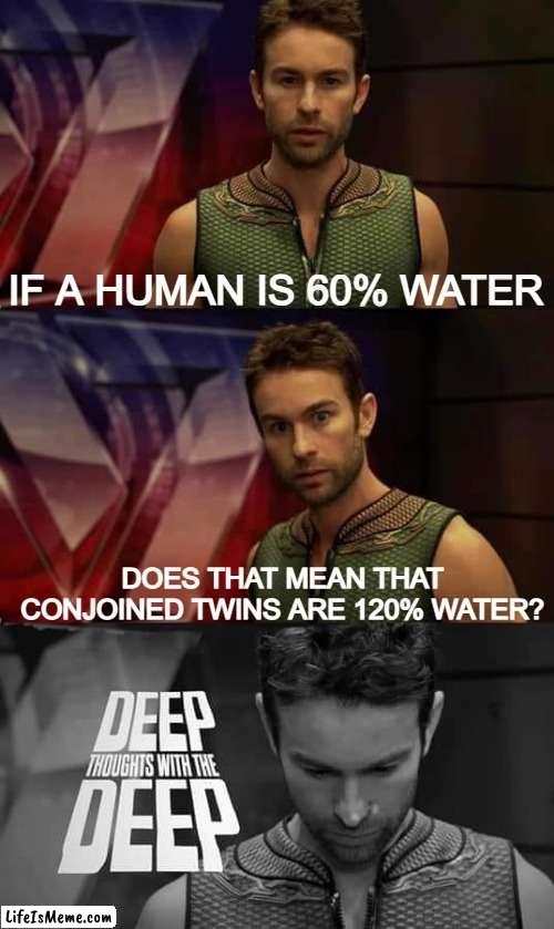 hmmmmmmmmmmmmmmmmmmmmmmmmmmmmmmmmmmmmmmm | IF A HUMAN IS 60% WATER; DOES THAT MEAN THAT CONJOINED TWINS ARE 120% WATER? | image tagged in deep thoughts with the deep,twins,water | made w/ Lifeismeme meme maker