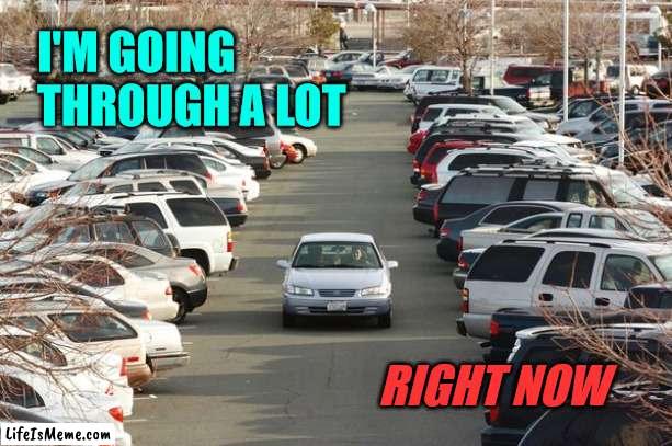 Going through a lot | I'M GOING 
THROUGH A LOT; RIGHT NOW | image tagged in crowded parking lot,cars | made w/ Lifeismeme meme maker
