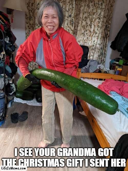 I see your grandma got the Christmas gift I sent her | I SEE YOUR GRANDMA GOT THE CHRISTMAS GIFT I SENT HER | image tagged in grandma,funny,christmas,gift,masterbation,happy holidays | made w/ Lifeismeme meme maker