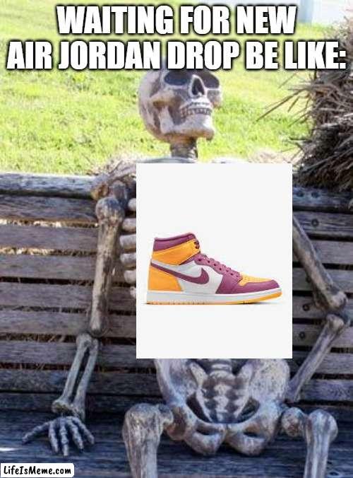 I wait too early for drops | WAITING FOR NEW AIR JORDAN DROP BE LIKE: | image tagged in memes,waiting skeleton | made w/ Lifeismeme meme maker