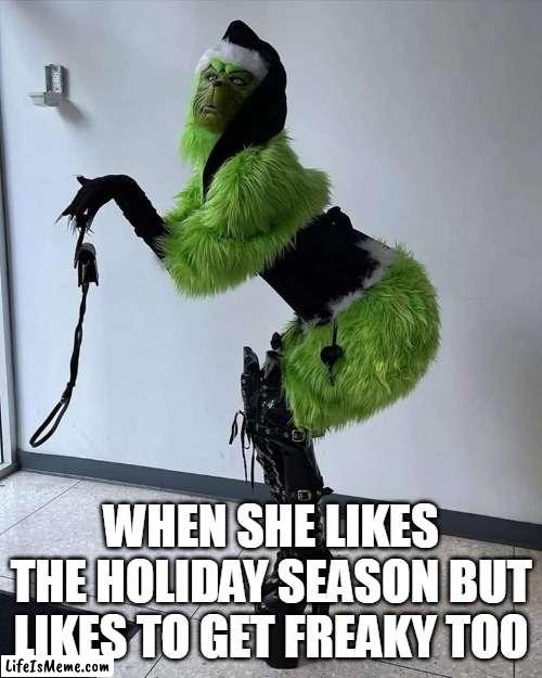 When she likes the holidays but likes to get freaky too | WHEN SHE LIKES THE HOLIDAY SEASON BUT LIKES TO GET FREAKY TOO | image tagged in grinch,funny,happy holidays,freaky,christmas,holidays | made w/ Lifeismeme meme maker