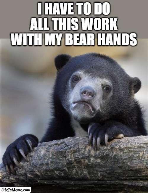 bear hands | I HAVE TO DO ALL THIS WORK WITH MY BEAR HANDS | image tagged in memes,confession bear | made w/ Lifeismeme meme maker