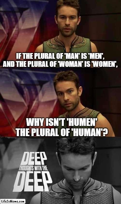 English plurals are weird | IF THE PLURAL OF 'MAN' IS 'MEN', AND THE PLURAL OF 'WOMAN' IS 'WOMEN', WHY ISN'T 'HUMEN' THE PLURAL OF 'HUMAN'? | image tagged in deep thoughts with the deep,shower thoughts | made w/ Lifeismeme meme maker