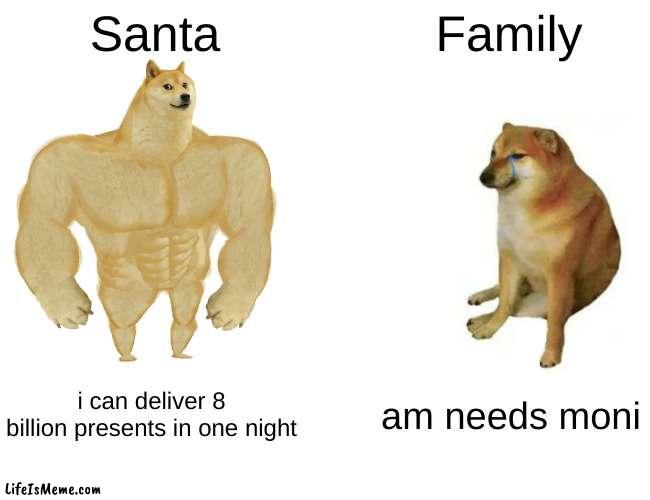 first christmas meme! | Santa; Family; i can deliver 8 billion presents in one night; am needs moni | image tagged in memes,buff doge vs cheems | made w/ Lifeismeme meme maker