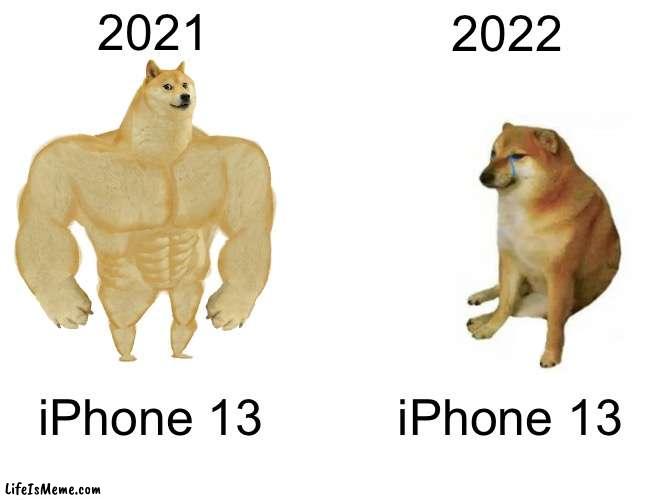iPhone meme | 2021; 2022; iPhone 13; iPhone 13 | image tagged in memes,buff doge vs cheems | made w/ Lifeismeme meme maker