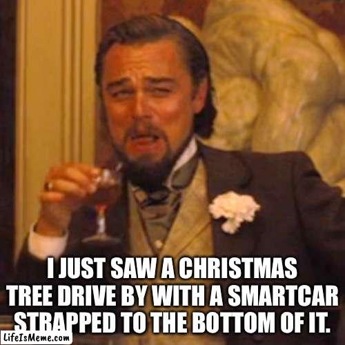 SmartCar | I JUST SAW A CHRISTMAS TREE DRIVE BY WITH A SMARTCAR STRAPPED TO THE BOTTOM OF IT. | image tagged in memes,laughing leo | made w/ Lifeismeme meme maker