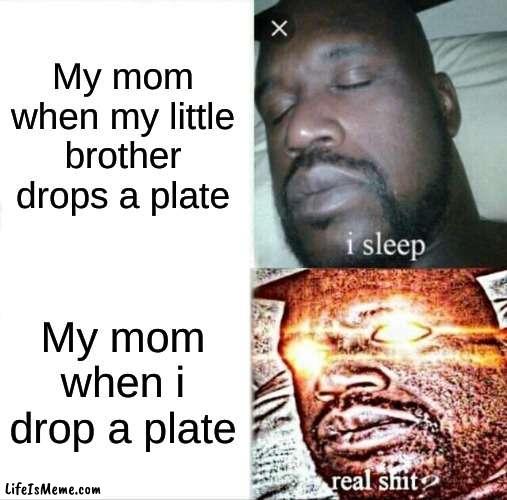 tru right? | My mom when my little brother drops a plate; My mom when i drop a plate | image tagged in memes,sleeping shaq | made w/ Lifeismeme meme maker