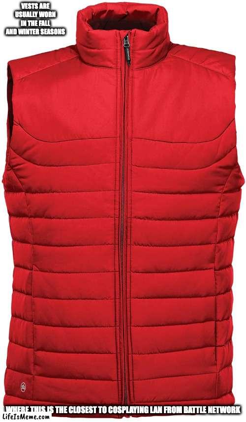 Vest | VESTS ARE USUALLY WORN IN THE FALL AND WINTER SEASONS; WHERE THIS IS THE CLOSEST TO COSPLAYING LAN FROM BATTLE NETWORK | image tagged in vest,memes | made w/ Lifeismeme meme maker