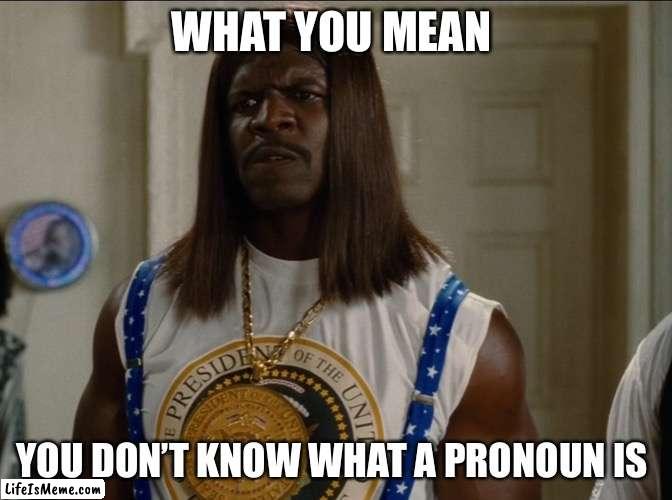 Terry Crews President Camacho | WHAT YOU MEAN; YOU DON’T KNOW WHAT A PRONOUN IS | image tagged in terry crews president camacho | made w/ Lifeismeme meme maker
