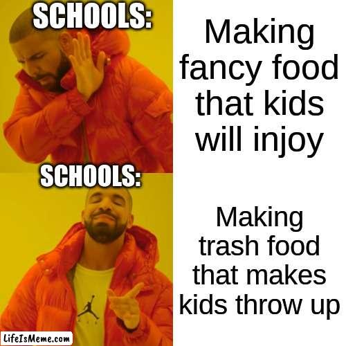 School Lunch Be Like... | Making fancy food that kids will injoy; SCHOOLS:; SCHOOLS:; Making trash food that makes kids throw up | image tagged in memes,drake hotline bling | made w/ Lifeismeme meme maker