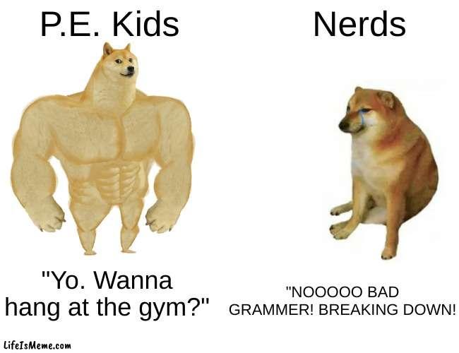 INSERT TITLE PLEASE FOR MEME | P.E. Kids; Nerds; "NOOOOO BAD GRAMMER! BREAKING DOWN! "Yo. Wanna hang at the gym?" | image tagged in memes,buff doge vs cheems | made w/ Lifeismeme meme maker