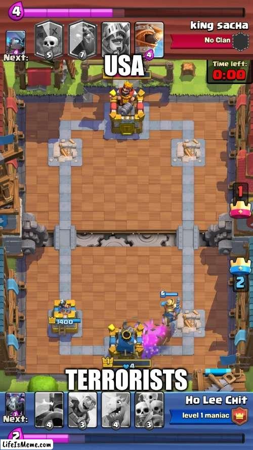 2 towers gone | USA; TERRORISTS | image tagged in funny memes,dark humor | made w/ Lifeismeme meme maker