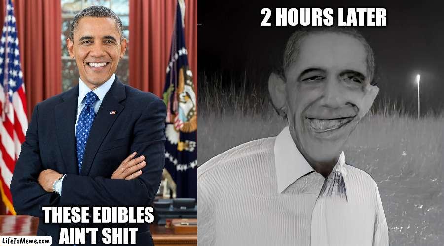 Brick obamna | 2 HOURS LATER; THESE EDIBLES AIN'T SHIT | image tagged in barack obama,weed,haunted,cursed image,meme,amogus | made w/ Lifeismeme meme maker