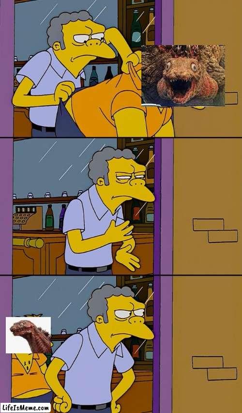shin godzilla meme | image tagged in moe throws barney | made w/ Lifeismeme meme maker