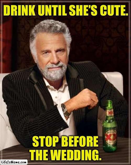 Good advice | DRINK UNTIL SHE’S CUTE. STOP BEFORE THE WEDDING. | image tagged in memes,the most interesting man in the world | made w/ Lifeismeme meme maker