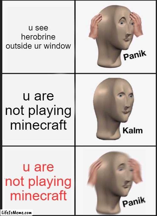 mc wtf | u see herobrine outside ur window; u are not playing minecraft; u are not playing minecraft | image tagged in memes,panik kalm panik | made w/ Lifeismeme meme maker