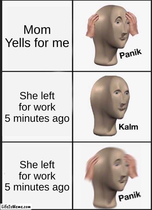 HEYO WHO THERE | Mom Yells for me; She left for work 5 minutes ago; She left for work 5 minutes ago | image tagged in memes,panik kalm panik | made w/ Lifeismeme meme maker