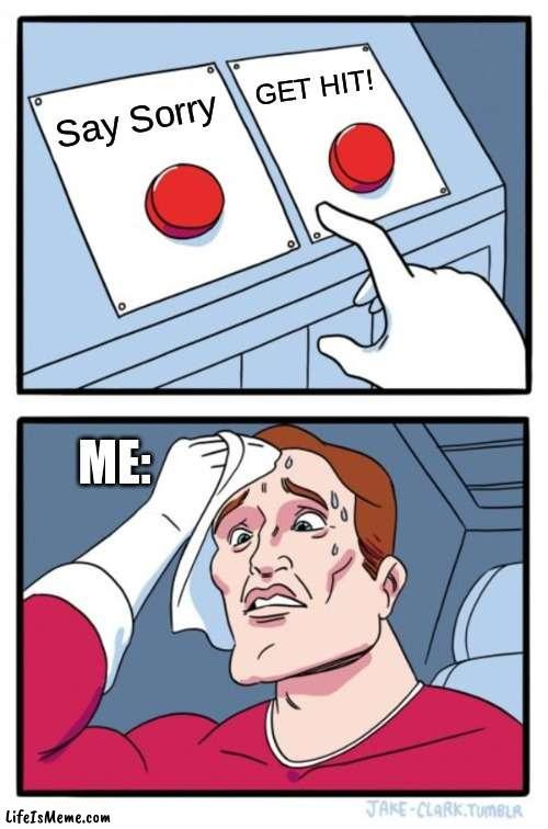 Me picking a choice | GET HIT! Say Sorry; ME: | image tagged in memes,two buttons | made w/ Lifeismeme meme maker