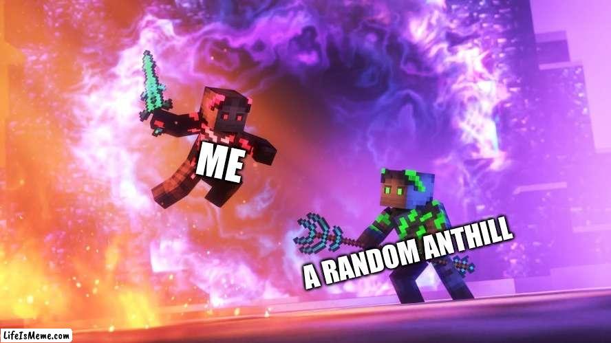 Attack on Ants | ME; A RANDOM ANTHILL | image tagged in tygren vs zulius | made w/ Lifeismeme meme maker