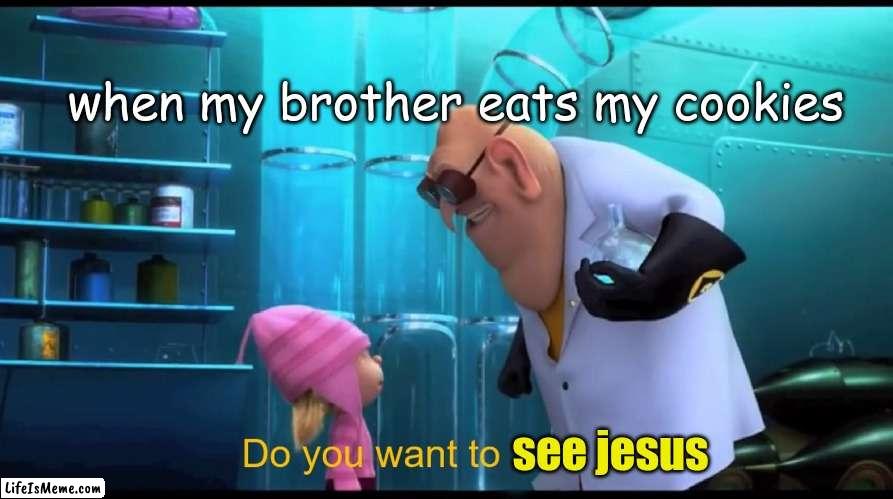 Do you want to explode? (without "explode") | when my brother eats my cookies; see jesus | image tagged in do you want to explode without explode | made w/ Lifeismeme meme maker