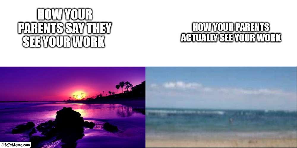 Good Vs Bad Quality | HOW YOUR PARENTS ACTUALLY SEE YOUR WORK; HOW YOUR PARENTS SAY THEY SEE YOUR WORK | image tagged in good vs bad quality | made w/ Lifeismeme meme maker