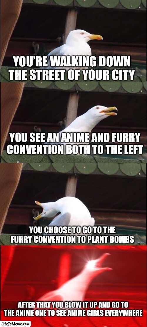 Giga Chad bird | YOU’RE WALKING DOWN THE STREET OF YOUR CITY; YOU SEE AN ANIME AND FURRY CONVENTION BOTH TO THE LEFT; YOU CHOOSE TO GO TO THE FURRY CONVENTION TO PLANT BOMBS; AFTER THAT YOU BLOW IT UP AND GO TO THE ANIME ONE TO SEE ANIME GIRLS EVERYWHERE | image tagged in memes,inhaling seagull | made w/ Lifeismeme meme maker