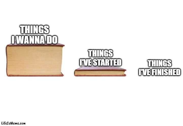 and it's still going on | THINGS I WANNA DO; THINGS I'VE STARTED; THINGS I'VE FINISHED | image tagged in big book small book and nothing,true story,memes | made w/ Lifeismeme meme maker