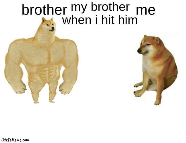 hitting ur brother be like | my brother when i hit him; brother; me | image tagged in memes,buff doge vs cheems | made w/ Lifeismeme meme maker