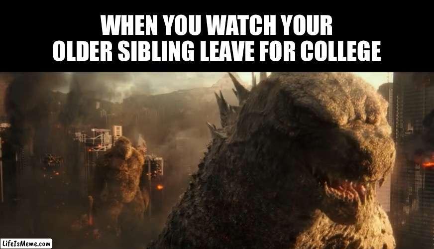 Kong watches Godzilla leave | WHEN YOU WATCH YOUR OLDER SIBLING LEAVE FOR COLLEGE | image tagged in godzilla vs kong,godzilla,king kong,siblings,college,leaving | made w/ Lifeismeme meme maker