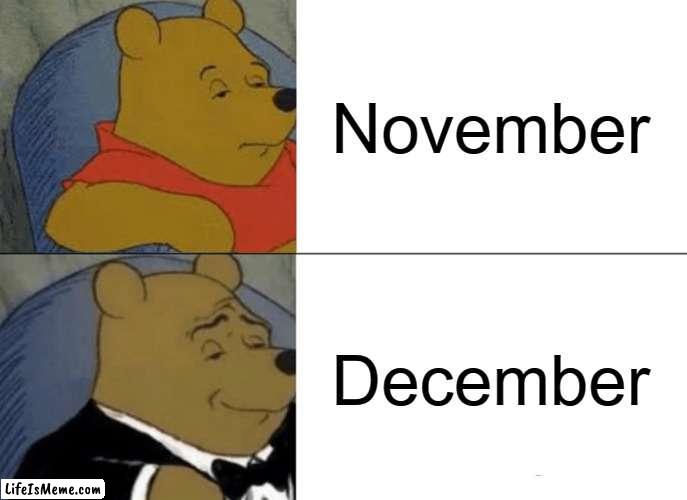 Probably no diff | November; December | image tagged in memes,tuxedo winnie the pooh | made w/ Lifeismeme meme maker