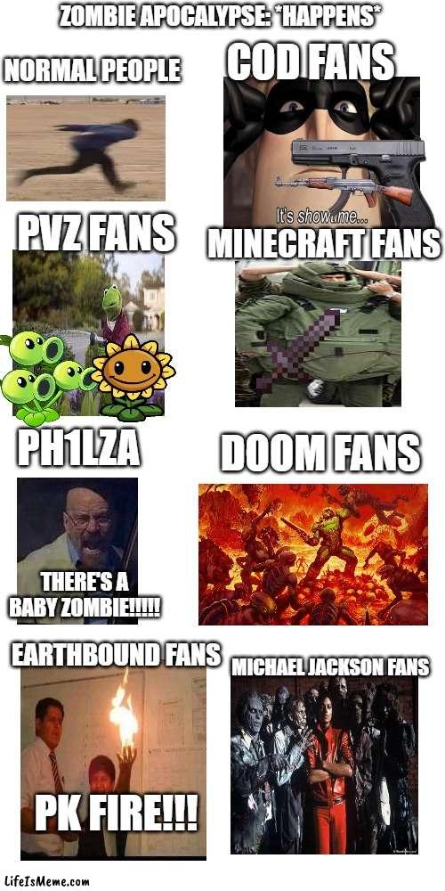 Let's PK Fire to those Baby Zombies! | ZOMBIE APOCALYPSE: *HAPPENS*; COD FANS; NORMAL PEOPLE; PVZ FANS; MINECRAFT FANS; PH1LZA; DOOM FANS; THERE'S A BABY ZOMBIE!!!!! EARTHBOUND FANS; MICHAEL JACKSON FANS; PK FIRE!!! | image tagged in zombie,zombie apocalypse,memes,funny,overused,jokes | made w/ Lifeismeme meme maker