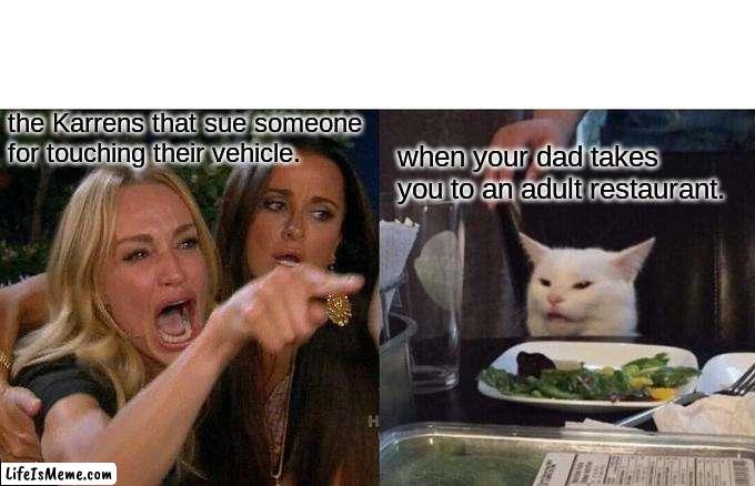Old karrens | the Karrens that sue someone for touching their vehicle. when your dad takes you to an adult restaurant. | image tagged in memes,woman yelling at cat | made w/ Lifeismeme meme maker