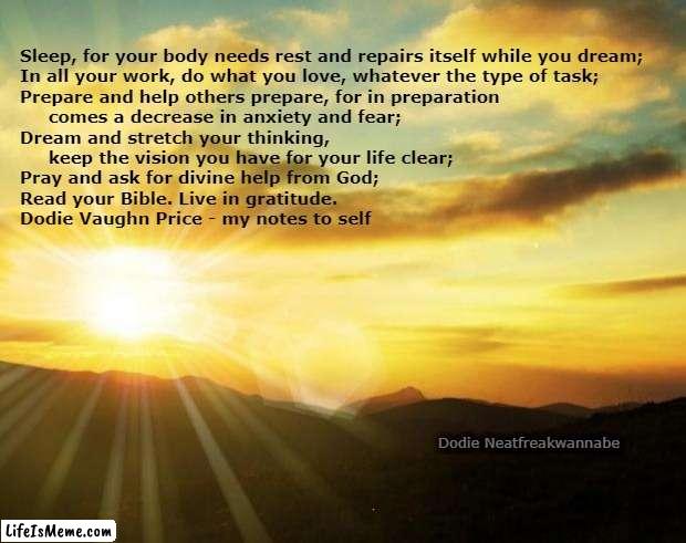 Better Living | Sleep, for your body needs rest and repairs itself while you dream; 

In all your work, do what you love, whatever the type of task;

Prepare and help others prepare, for in preparation 
     comes a decrease in anxiety and fear; 

Dream and stretch your thinking, 
     keep the vision you have for your life clear;

Pray and ask for divine help from God;

Read your Bible. Live in gratitude. 

Dodie Vaughn Price - my notes to self; Dodie Neatfreakwannabe | image tagged in sunrise | made w/ Lifeismeme meme maker