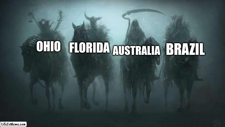 They're here... | FLORIDA; BRAZIL; AUSTRALIA; OHIO | image tagged in four horsemen of the apocalypse | made w/ Lifeismeme meme maker