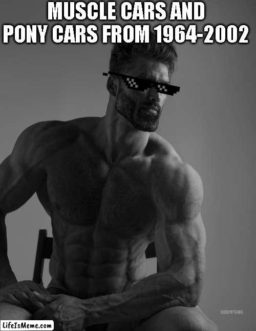 Muscle Cars and Pony Cars were the best from 1964-2002, change my mind. | MUSCLE CARS AND PONY CARS FROM 1964-2002 | image tagged in giga chad | made w/ Lifeismeme meme maker