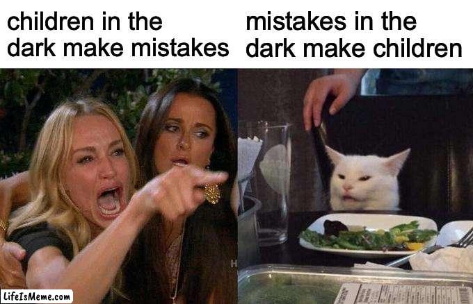 hoping that this isn't a dupe | children in the dark make mistakes; mistakes in the dark make children | image tagged in memes,woman yelling at cat | made w/ Lifeismeme meme maker