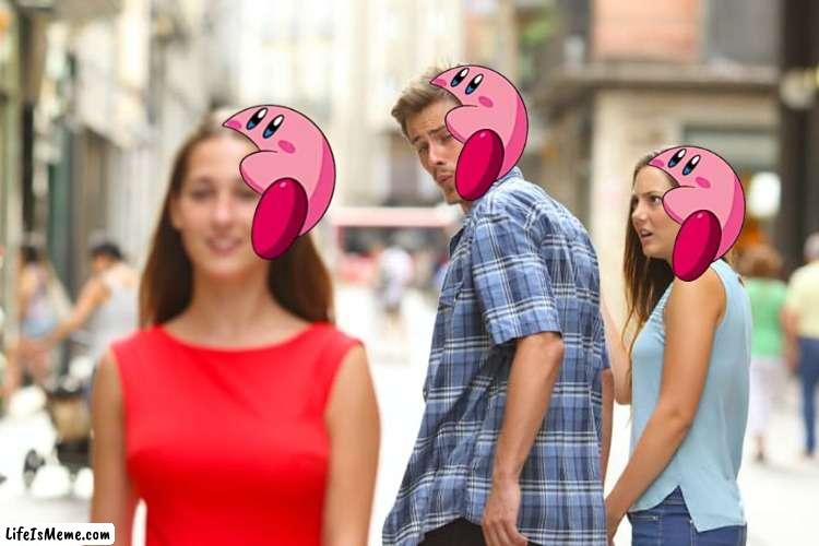More proof Kirby works on any template | image tagged in memes,distracted boyfriend | made w/ Lifeismeme meme maker